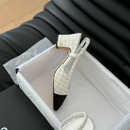 HIGH SLINGBACK IN WHITE TWEED AND BLACK LAMBSKIN