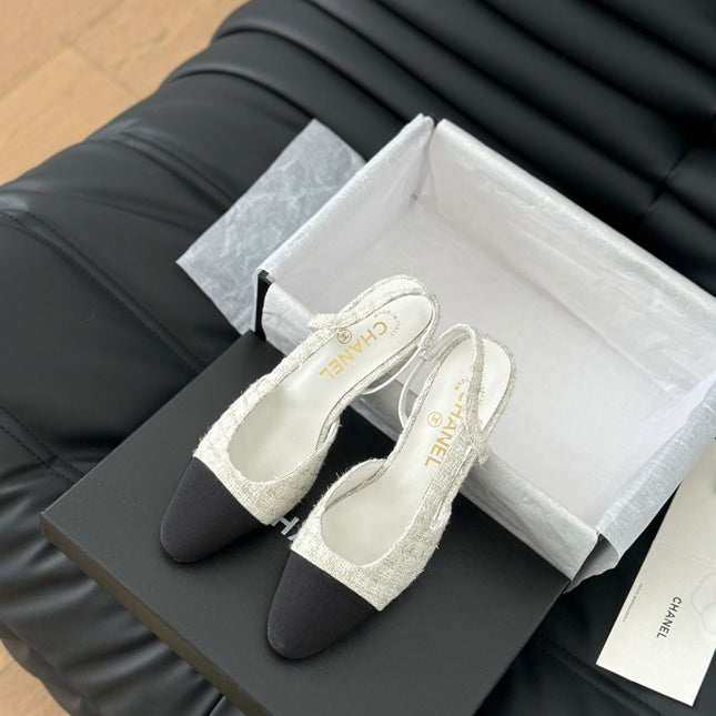 HIGH SLINGBACK IN WHITE TWEED AND BLACK LAMBSKIN