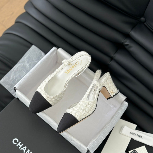 HIGH SLINGBACK IN WHITE TWEED AND BLACK LAMBSKIN