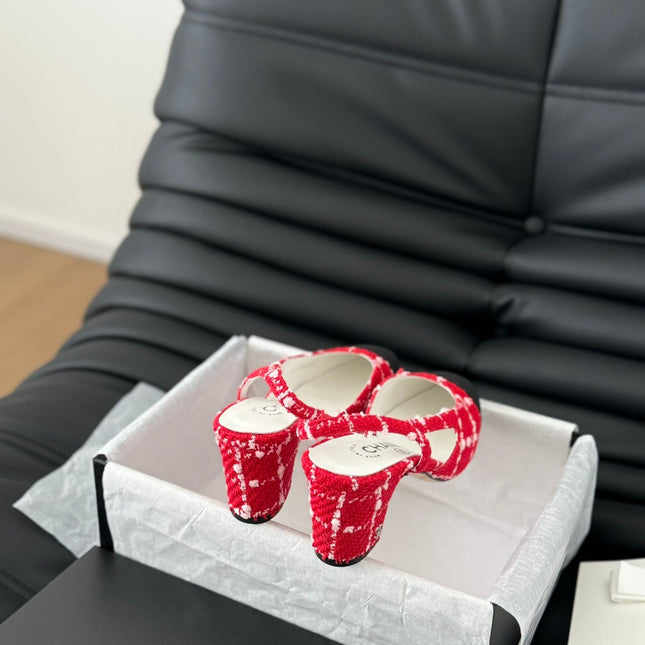 HIGH SLINGBACK IN CHERRY RED TWEED AND BLACK LAMBSKIN