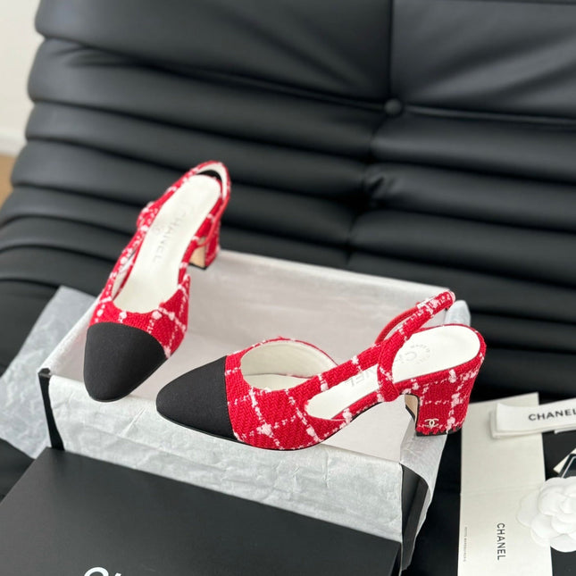 HIGH SLINGBACK IN CHERRY RED TWEED AND BLACK LAMBSKIN