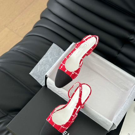 HIGH SLINGBACK IN CHERRY RED TWEED AND BLACK LAMBSKIN