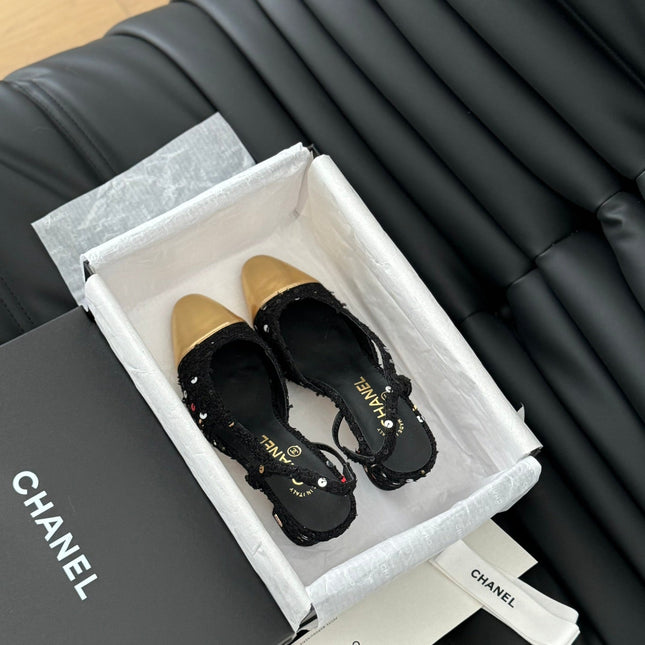 HIGH SLINGBACK IN BLACK TWEED AND GOLDEN LAMBSKIN