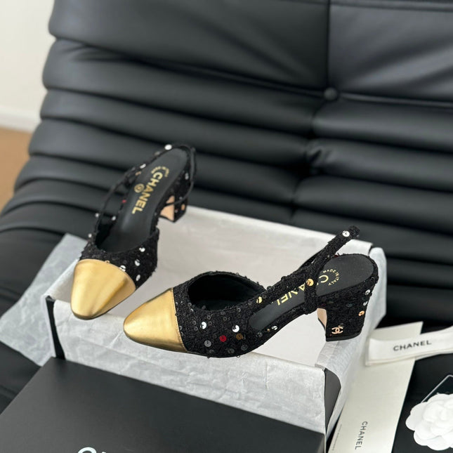 HIGH SLINGBACK IN BLACK TWEED AND GOLDEN LAMBSKIN