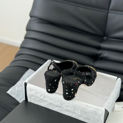 HIGH SLINGBACK IN BLACK TWEED AND GOLDEN LAMBSKIN