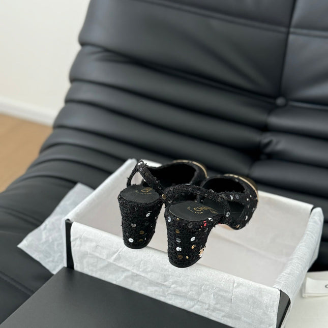 HIGH SLINGBACK IN BLACK TWEED AND GOLDEN LAMBSKIN