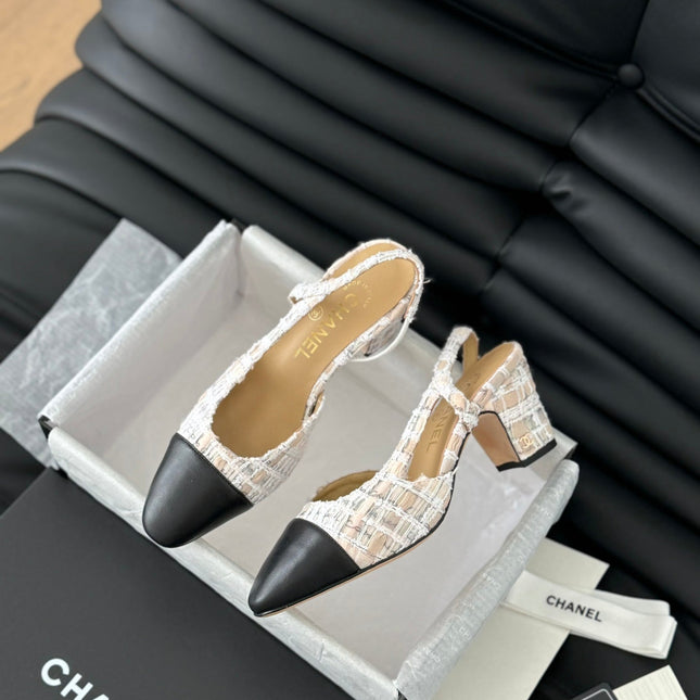 HIGH SLINGBACK IN BEIGE TWEED AND BLACK LAMBSKIN