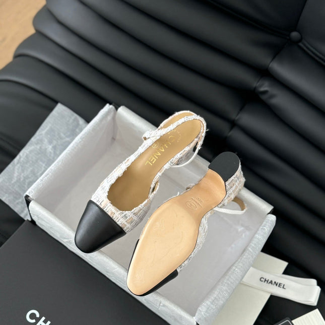 HIGH SLINGBACK IN BEIGE TWEED AND BLACK LAMBSKIN