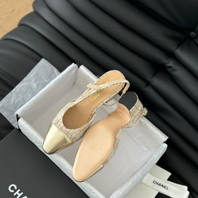 HIGH SLINGBACK IN BEIGE CREAM TWEED AND GOLDEN LAMBSKIN