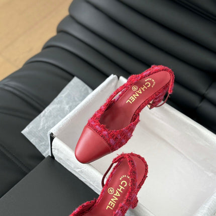 HIGH SLINGBACK IN RUBY RED TWEED AND LAMBSKIN