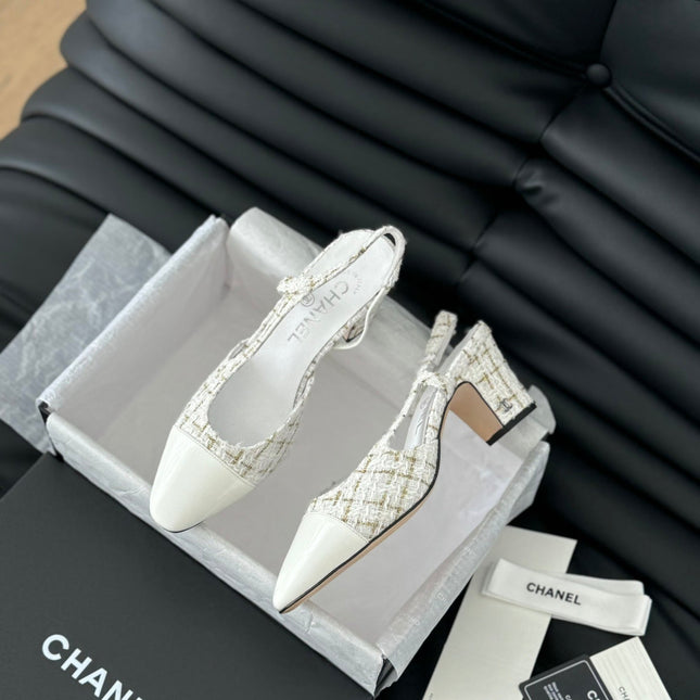 HIGH SLINGBACK IN WHITE TWEED AND LAMBSKIN