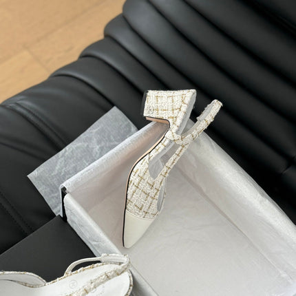 HIGH SLINGBACK IN WHITE TWEED AND LAMBSKIN