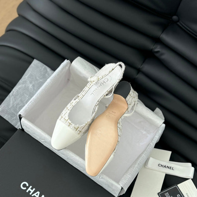 HIGH SLINGBACK IN WHITE TWEED AND LAMBSKIN