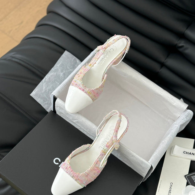 HIGH SLINGBACK IN LIGHT PINK TWEED MIX WHITE LAMBSKIN