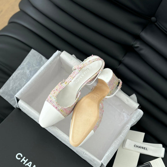 HIGH SLINGBACK IN LIGHT PINK TWEED MIX WHITE LAMBSKIN