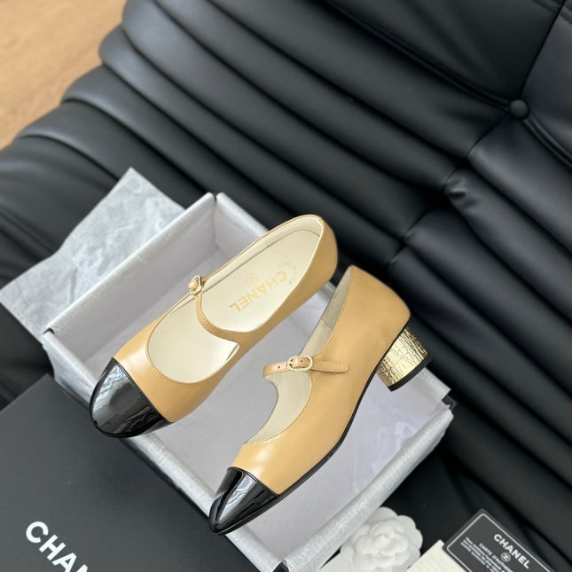 CC MARY JANE SHOES IN SEPIA BEIGE MIX BLACK LAMBSKIN WITH GOLD HARDWARE