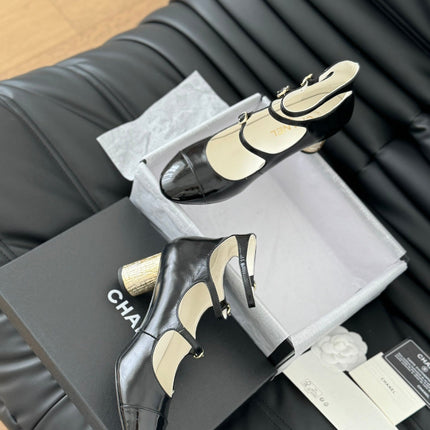 CC MARY JANE SHOES THREE STRAPS BLACK LAMBSKIN WITH GOLD HARDWARE