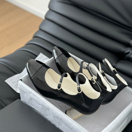 CC MARY JANE SHOES THREE STRAPS BLACK LAMBSKIN WITH GOLD HARDWARE