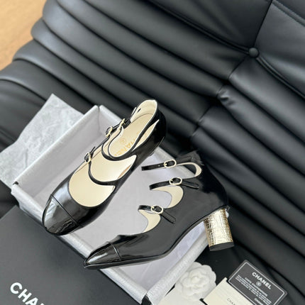 CC MARY JANE SHOES THREE STRAPS BLACK LAMBSKIN WITH GOLD HARDWARE