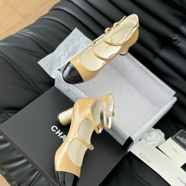 CC MARY JANE SHOES THREE STRAPS IN SEPIA BEIGE MIX BLACK LAMBSKIN