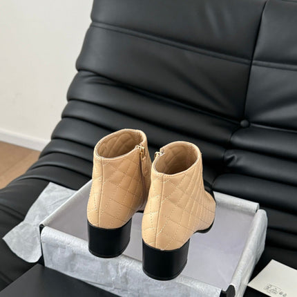 CC SHORT BOOTS 65 MM IN SEPIA BEIGE MIX BLACK QUILTED PATTERN LAMBSKIN