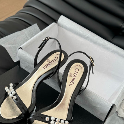 PEARL SANDAL IN BLACK AND GOLD LAMBSKIN 75 MM