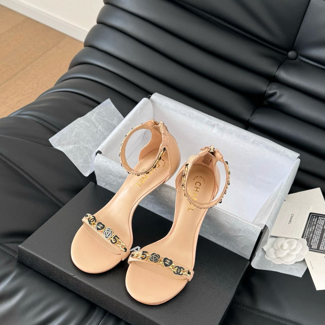 HIGH HEEL 7.5 MM SANDAL IN TAN BEIGE SHEEPSKIN WITH STICKERS