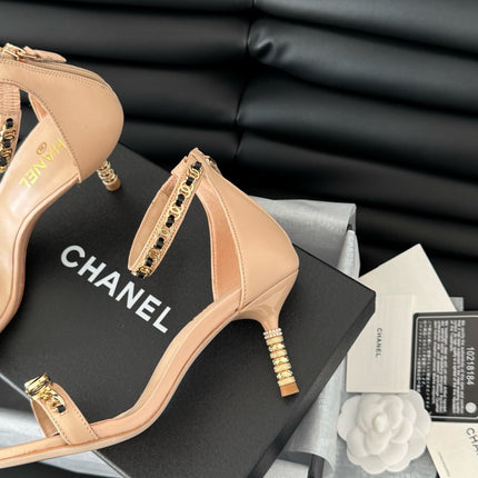 HIGH HEEL 7.5 MM SANDAL IN TAN BEIGE SHEEPSKIN WITH STICKERS