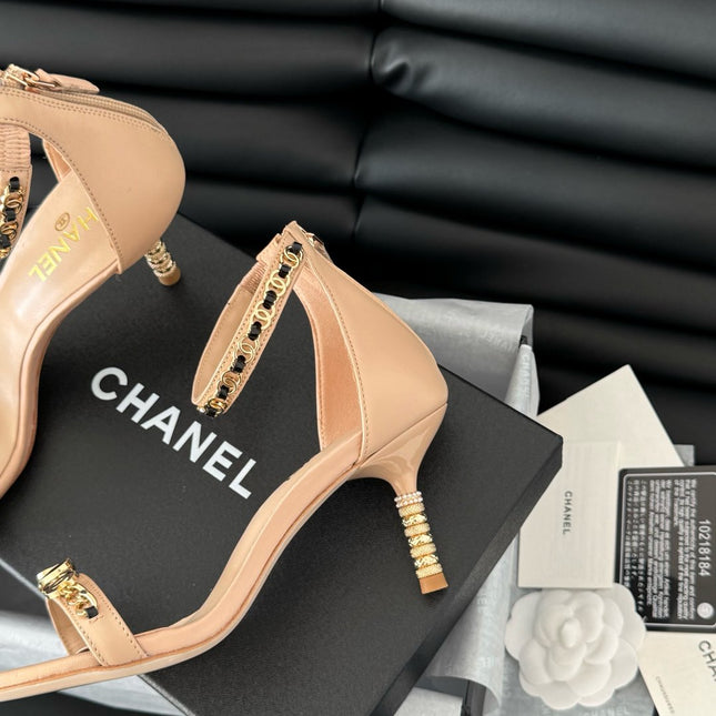 HIGH HEEL 7.5 MM SANDAL IN TAN BEIGE SHEEPSKIN WITH STICKERS