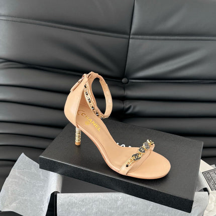 HIGH HEEL 7.5 MM SANDAL IN TAN BEIGE SHEEPSKIN WITH STICKERS