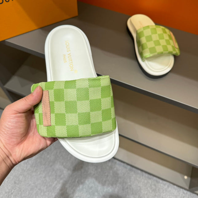 LV VELCRO SLIPPERS PEAR GREEN DAMIER MONOGRAM CALFSKIN