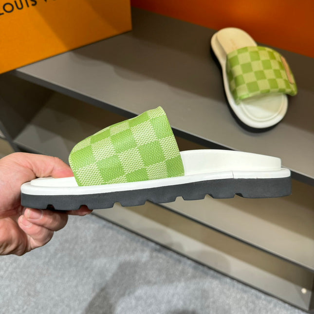 LV VELCRO SLIPPERS PEAR GREEN DAMIER MONOGRAM CALFSKIN