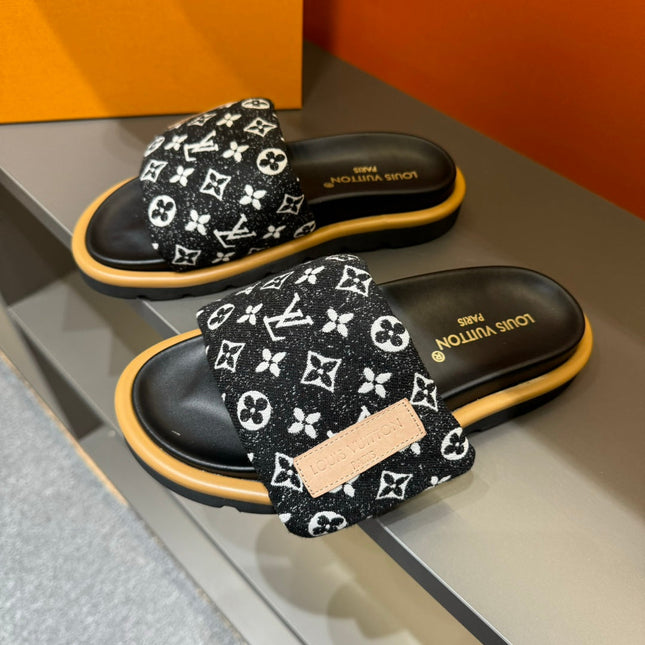 LV VELCRO SLIPPERS IN BLACK MIX WHITE MONOGRAM JACQUARD