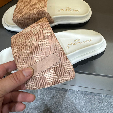 LV VELCRO SLIPPERS DESERT SAND DAMIER MONOGRAM CALFSKIN