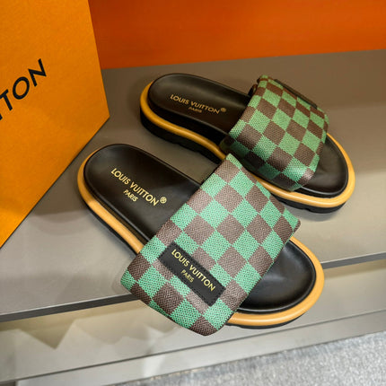 LV VELCRO SLIPPERS GREEN MIX BROWN DAMIER MONOGRAM CALFSKIN