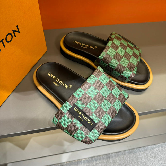 LV VELCRO SLIPPERS GREEN MIX BROWN DAMIER MONOGRAM CALFSKIN