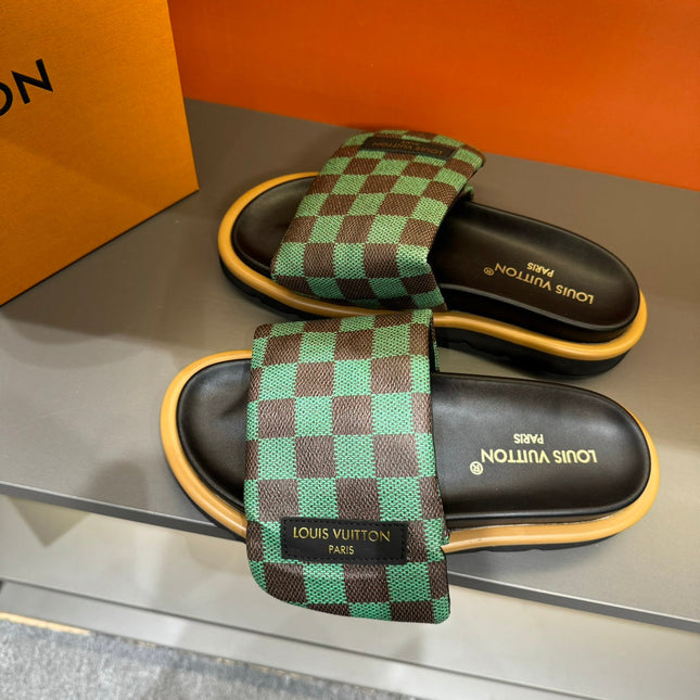 LV VELCRO SLIPPERS GREEN MIX BROWN DAMIER MONOGRAM CALFSKIN
