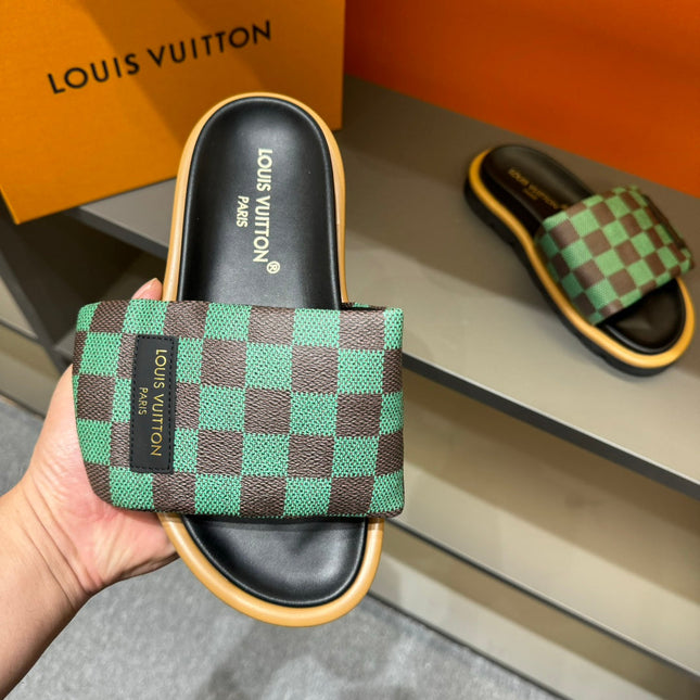 LV VELCRO SLIPPERS GREEN MIX BROWN DAMIER MONOGRAM CALFSKIN