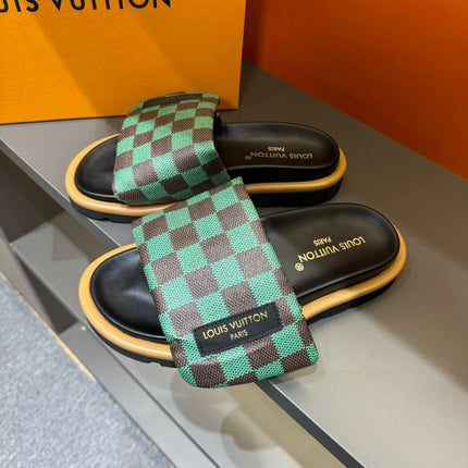 LV VELCRO SLIPPERS GREEN MIX BROWN DAMIER MONOGRAM CALFSKIN