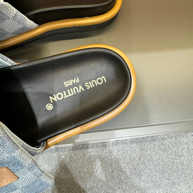 LV VELCRO SLIPPERS LIGHT BLUE DAMIER MONOGRAM JACQUARD
