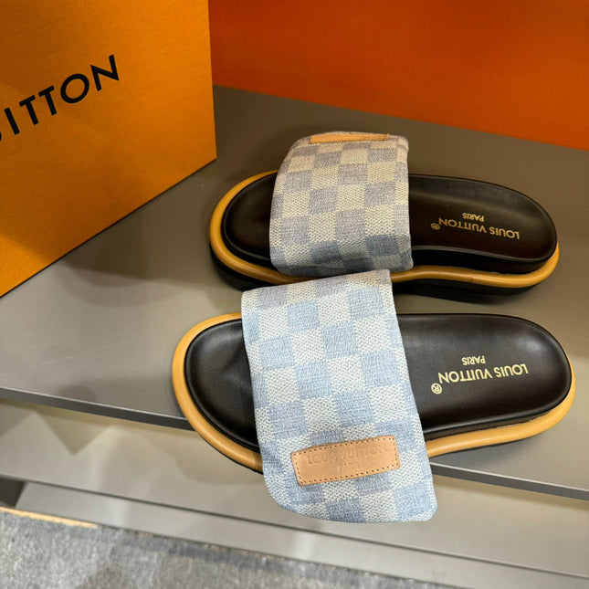 LV VELCRO SLIPPERS LIGHT BLUE DAMIER MONOGRAM JACQUARD