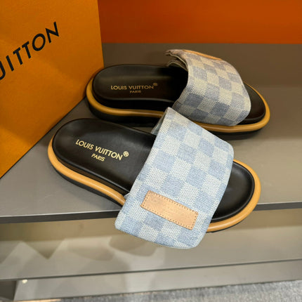 LV VELCRO SLIPPERS LIGHT BLUE DAMIER MONOGRAM JACQUARD