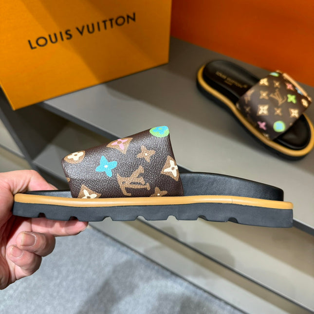LV VELCRO SLIPPERS IN CHOCOLATE BROWN MONOGRAM CALFSKIN