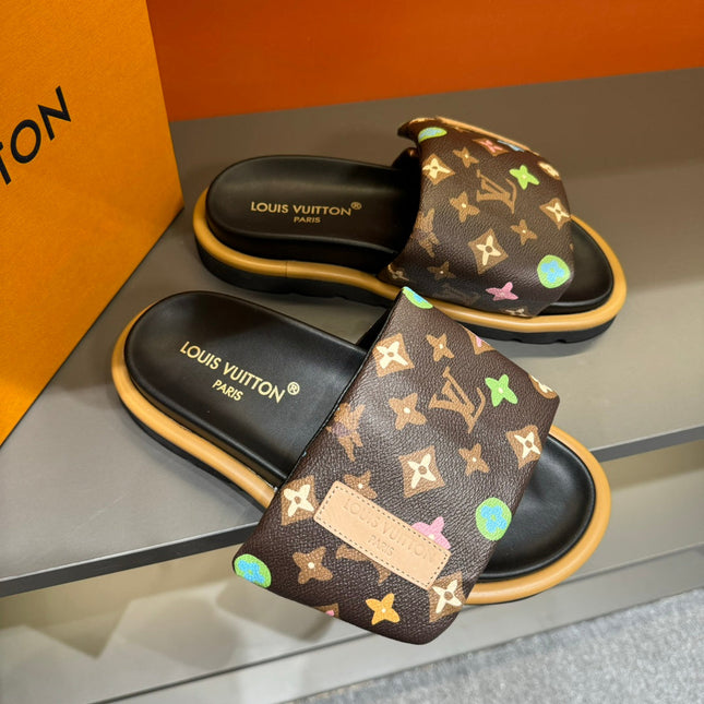 LV VELCRO SLIPPERS IN CHOCOLATE BROWN MONOGRAM CALFSKIN