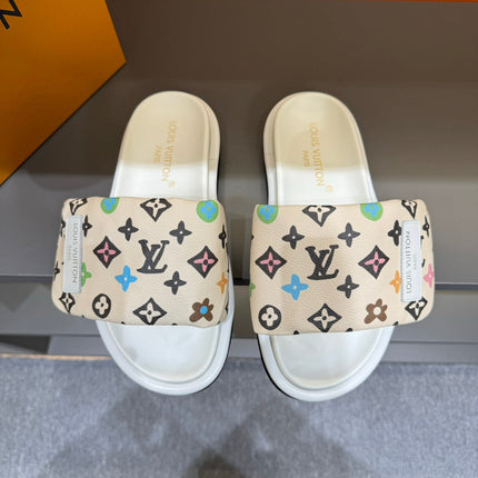 LV VELCRO SLIPPERS IN BEIGE CREAM MONOGRAM CALFSKIN