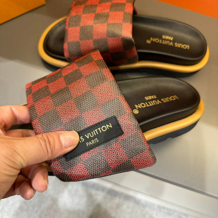 LV VELCRO SLIPPERS RED MIX BLACK DAMIER MONOGRAM CALFSKIN