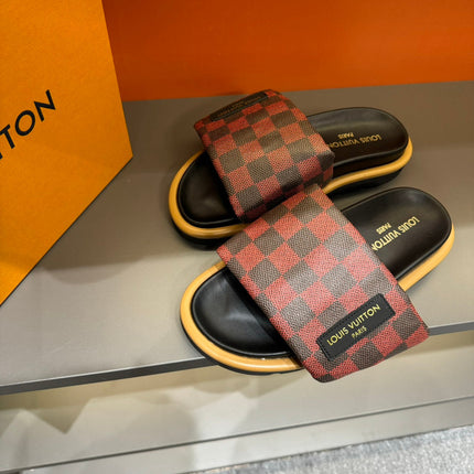 LV VELCRO SLIPPERS RED MIX BLACK DAMIER MONOGRAM CALFSKIN