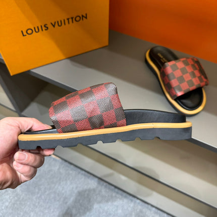 LV VELCRO SLIPPERS RED MIX BLACK DAMIER MONOGRAM CALFSKIN