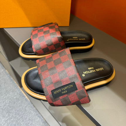 LV VELCRO SLIPPERS RED MIX BLACK DAMIER MONOGRAM CALFSKIN