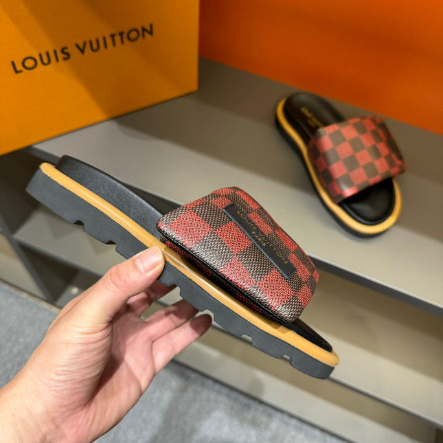 LV VELCRO SLIPPERS RED MIX BLACK DAMIER MONOGRAM CALFSKIN